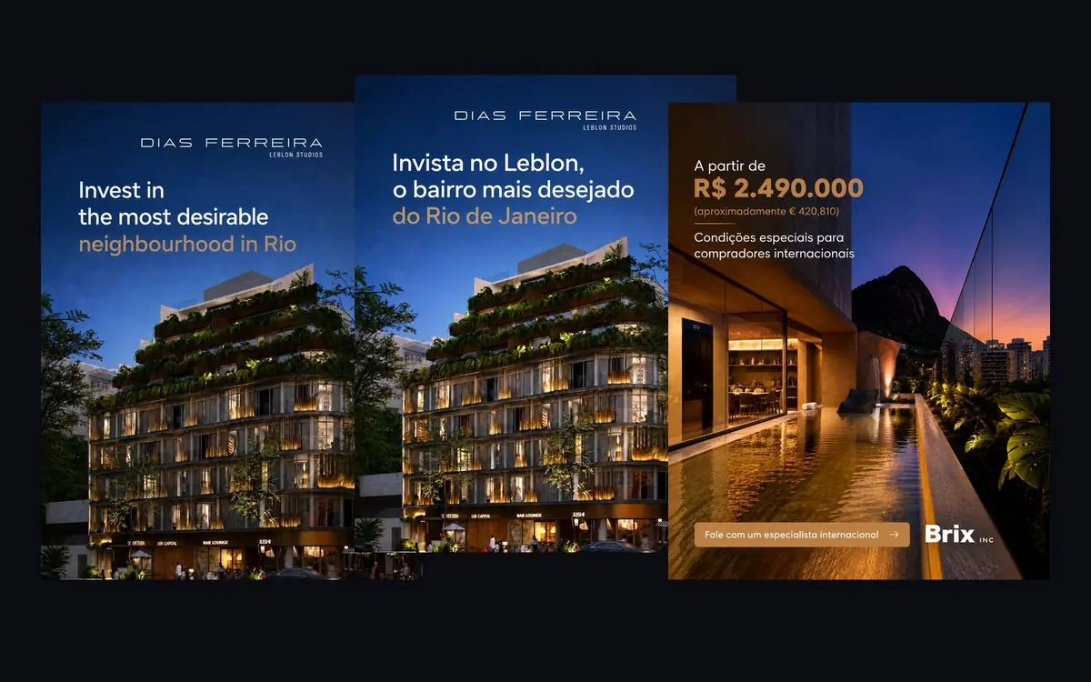 Criativos de campanha da Brix para Dias Ferreira Leblon Studios