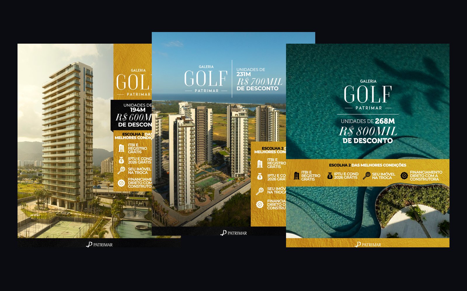 Criativos de campanha da Patrimar para a Galeria Golf