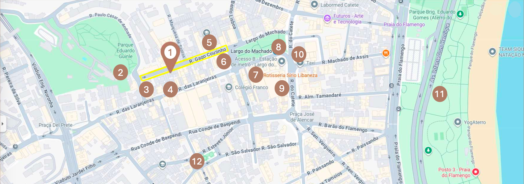 Mapa de localização Soul Rio Gago Coutinho — Laranjeiras, Rio de Janeiro